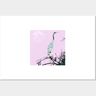 Black Headed Heron Marbled paper painting and collage Posters and Art